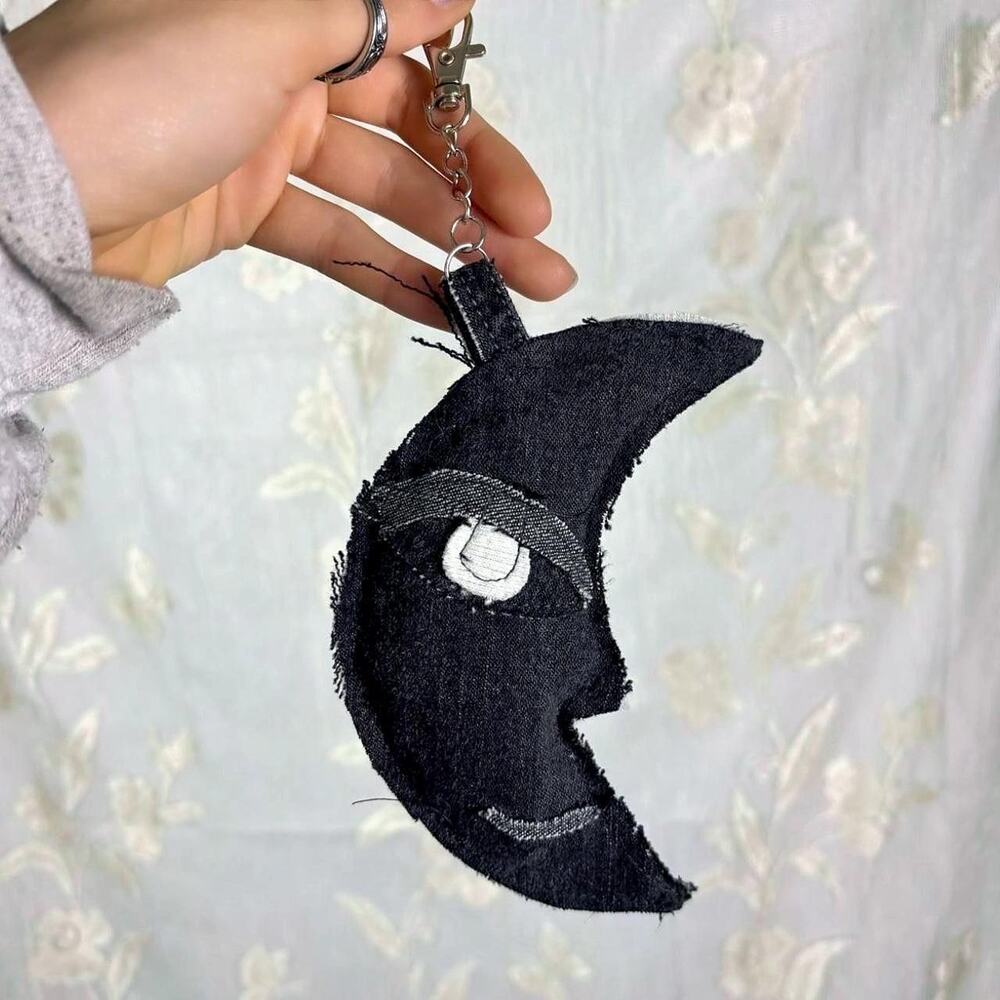 Black Denim Crescent Moon Bag Charm Keychain - Handmade Y2K Patch